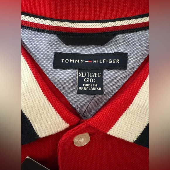 Tommy Hilfiger Boy’s Pique Polo Shirt Regal Red Stripe Collar Logo Size XL NWT - Picture 3 of 10